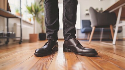 Fototapeta na wymiar Elegant brown leather shoes on a wooden floor in natural indoor lighting