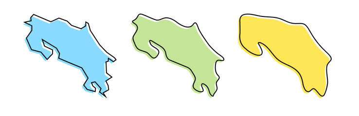 Costa Rica country black outline and colored country silhouettes in three different levels of smoothness. Simplified maps. Vector icons isolated on white background.