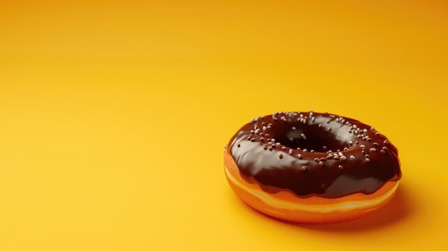 Glossy chocolate donut sprinkled with beads on vibrant orange backdrop