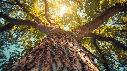 Sunlight filtering through the verdant leaves of a majestic tree, viewed from below