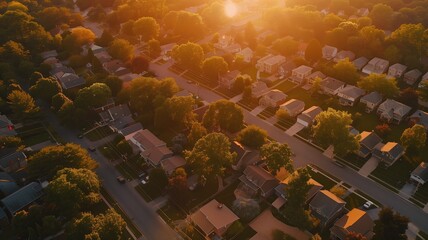 Golden sunlight casting over a peaceful residential neighborhood