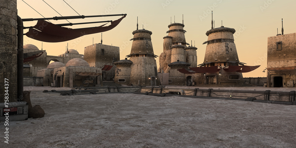 Poster Sci-fi background of an outpost settlement on an alien planet with sunset glow in the sky.  3D render.