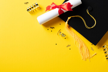 Flat lay composition with graduation hat, students diploma, gold tinsel on yellow background....