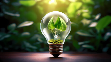 There are green trees inside the light bulb. Light bulbs with green plants inside represent energy saving efficiency.