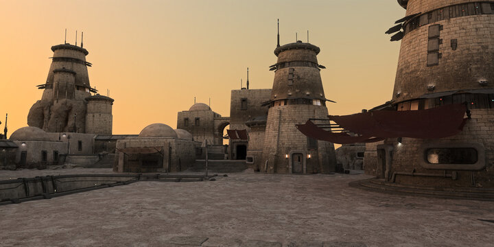 3D rendered panorama of a fantasy alien outpost settlement at dusk with orange glow in the sky.