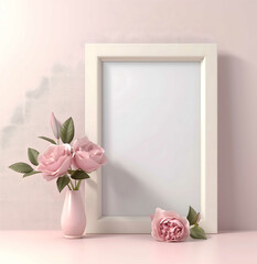 Mockup blank ornate picture frame with a vase of flowers sitting beside