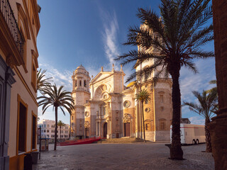 Cathedral of the Holy Cross in the central square of Cadiz at dawn. - 758344743