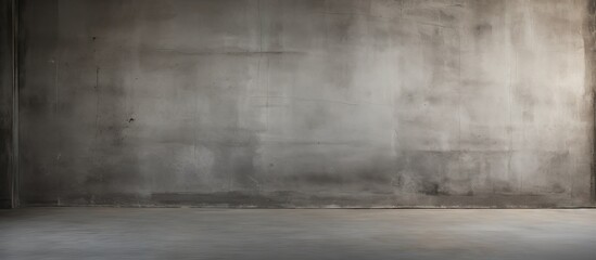 An empty room with concrete walls and floors, in shades of grey. The darkness contrasts against the brown wood accents and a cloudy horizon outside