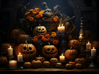 Halloween background skulls and pumpkins
