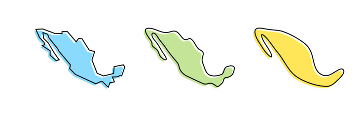 Obraz premium Mexico country black outline and colored country silhouettes in three different levels of smoothness. Simplified maps. Vector icons isolated on white background.