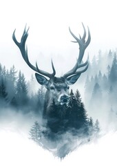 A deer silhouette with a double exposure of a dense, misty forest landscape within on a white background