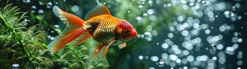 Serene aquarium scene showcasing a goldfish among verdant aquatic foliage, clear water, and gentle air bubbles.