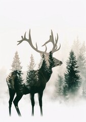 A deer silhouette with a double exposure of a dense, misty forest landscape within on a white background