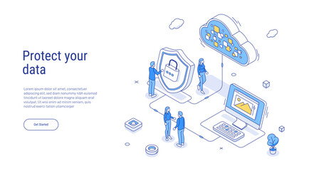 Security cloud storage. Internet security isometric concept. Isometric concept protection network and data. Data security, protection, management, server, access. 3d isometric vector illustration. - obrazy, fototapety, plakaty