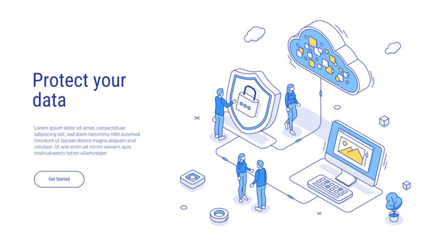 Security cloud storage. Internet security isometric concept. Isometric concept protection network and data. Data security, protection, management, server, access. 3d isometric vector illustration.