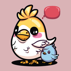 Best friends funny cute baby Chicken and little blue bird in pastel colors with text bubble