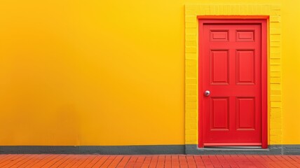 A vivid red door creates a striking contrast against a sunny yellow brick wall