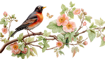 an American robin (Turdus migratorius) on a branch, amongst fruit tree blossoms, PNG, horizontal format, Spring wildlife-themed, isolated, and transparent photorealistic illustration. Generative ai