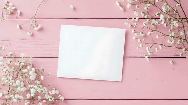 White Greeting Card Mockup with gypsophila flowers on pink wooden table background. Invitation Card Mockup With Flowers For Special Occasions. Copy space. Top view.