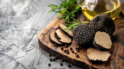 Sliced black truffles on a rustic wooden board