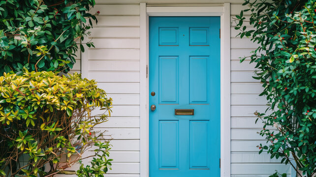A cheerful blue door stands nestled amidst lush green foliage of a welcoming home