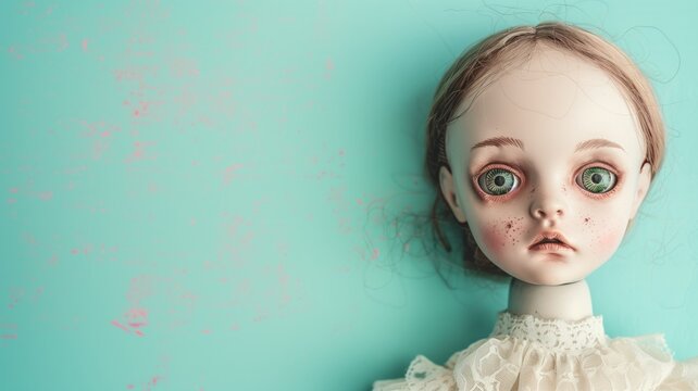 Creepy doll with green eyes on a turquoise backdrop