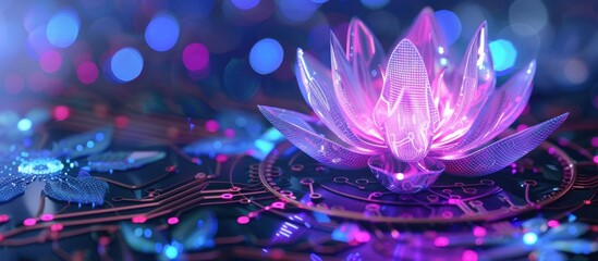 Futuristic blooming neon lotus flower