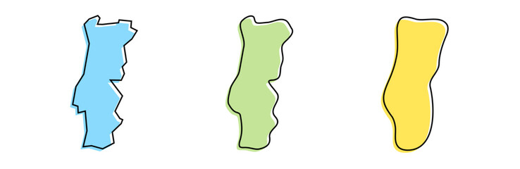 Portugal country black outline and colored country silhouettes in three different levels of smoothness. Simplified maps. Vector icons isolated on white background.