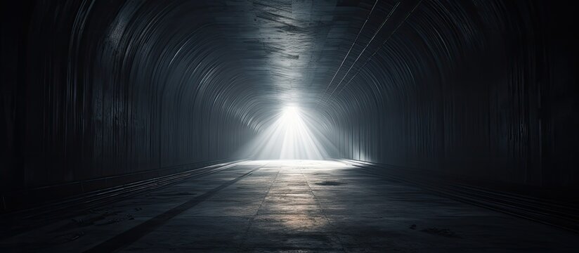 The road surface glistened with electric blue automotive lighting, offering a glimmer of hope like a circle of symmetry in the darkness, a beacon of light at the end of the tunnel - Powered by Adobe