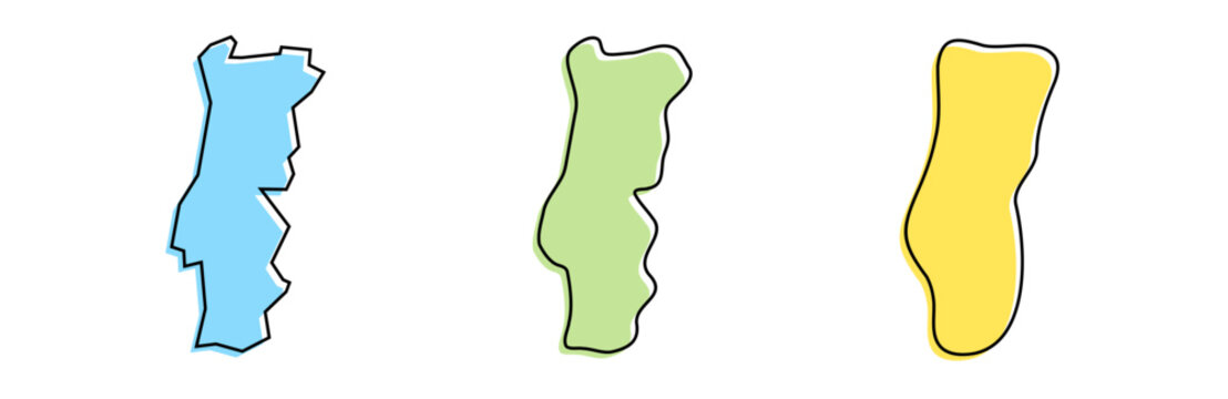 Portugal country black outline and colored country silhouettes in three different levels of smoothness. Simplified maps. Vector icons isolated on white background.