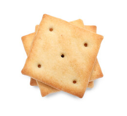Tasty crispy square crackers isolated on white, top view