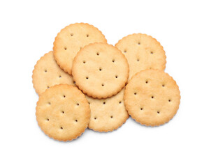 Tasty crispy round crackers isolated on white, top view