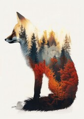 Naklejka premium A fox silhouette with a double exposure of a vibrant autumn woodland landscape within on a white background