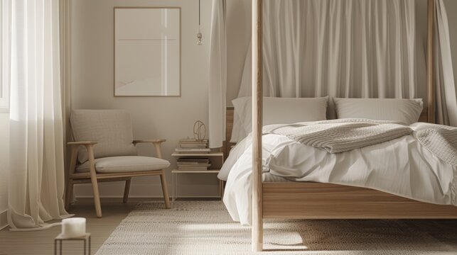 Modern Scandinavian Bedroom Interior with Cozy Reading Space Stock Image