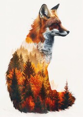 Naklejka premium A fox silhouette with a double exposure of a vibrant autumn woodland landscape within on a white background