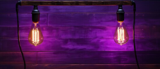 Two automotive lighting bulbs are suspended from a wooden shelf against a purple backdrop. The...