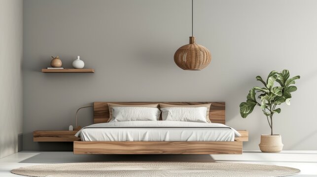 Dreamy Minimalist Bedroom with Wooden Platform Bed Stock Image