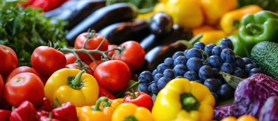 Fototapeta na wymiar Background of a variety of fresh fruit and vegetables. Diet and healthy food menu