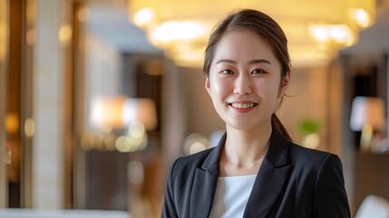 Charming hotel hostess in business suit smiles warmly in a well-lit environment, epitomizing excellent customer relations - obrazy, fototapety, plakaty