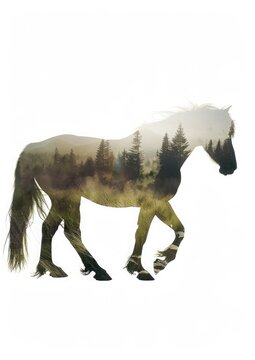 A horse silhouette with a double exposure of rolling grassland hills inside it on a white background