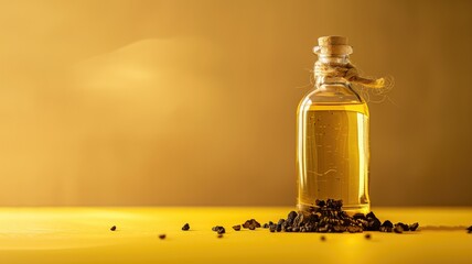 Golden truffle oil with peppercorns on a yellow surface - obrazy, fototapety, plakaty