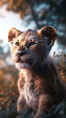 Lion cub sitting in the grass