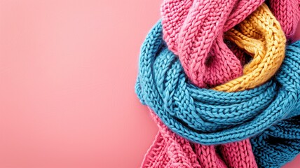 Colorful knitted scarves intertwined on pink