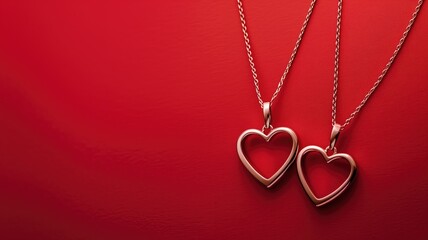 Two heart-shaped necklaces create a romantic symbol against a vivid red background