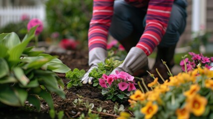 Hands of a gardener planting colorful flowers in the fertile soil of a sunny backyard