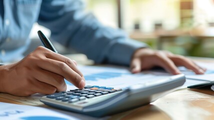 Fototapeta premium Person calculating finance with a calculator