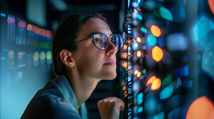 A woman looking at servers up close