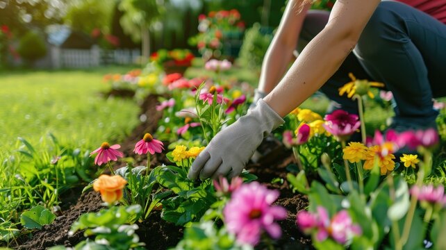 Person gardening colorful flowers in bright sunlight