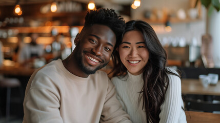 A mixed couple smiling at camera