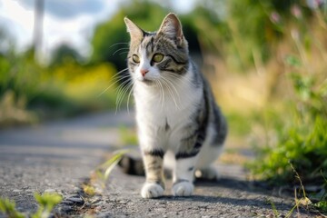 Naklejka na ściany i meble This high-resolution image captures the essence of a stray tabby cat with striking eyes, sitting on a countryside pathway